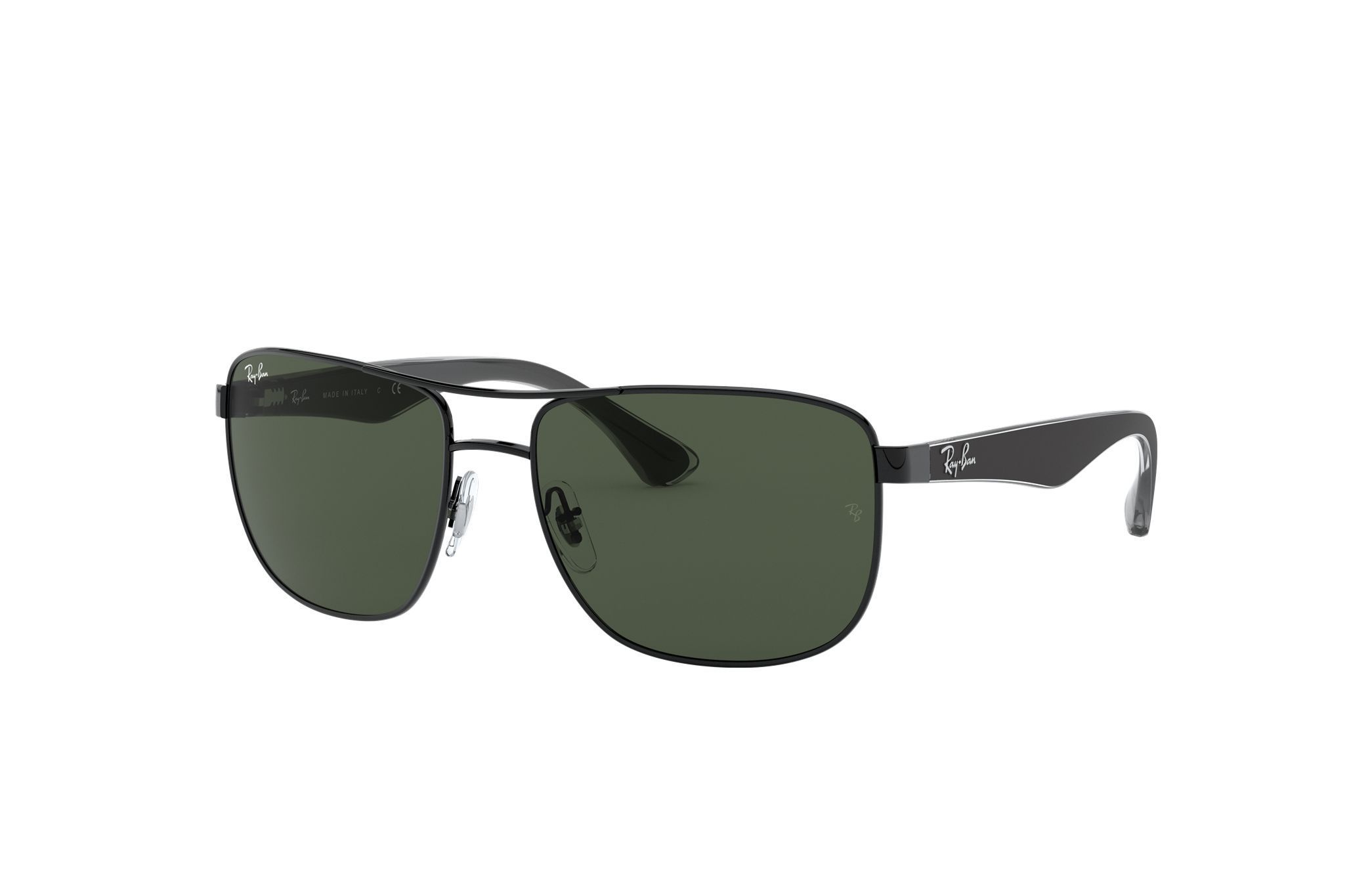Ray-Ban RB3533-002/71 sunglasses featuring a gloss black metal frame and poly green lenses, perfect for stylish men.